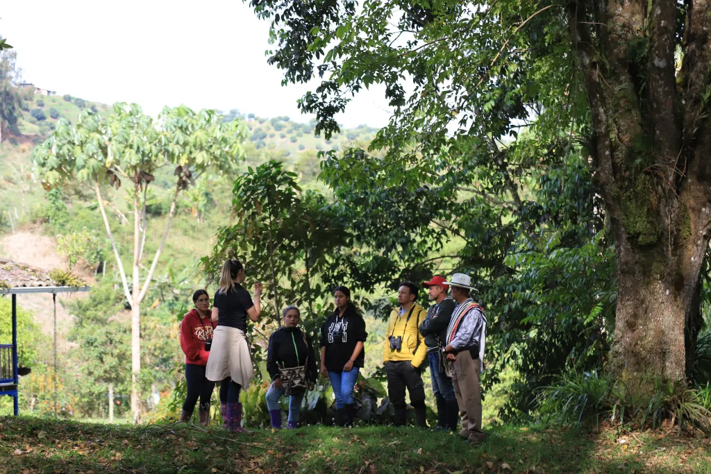 Un grupo de personas conversando en medio de la naturaleza